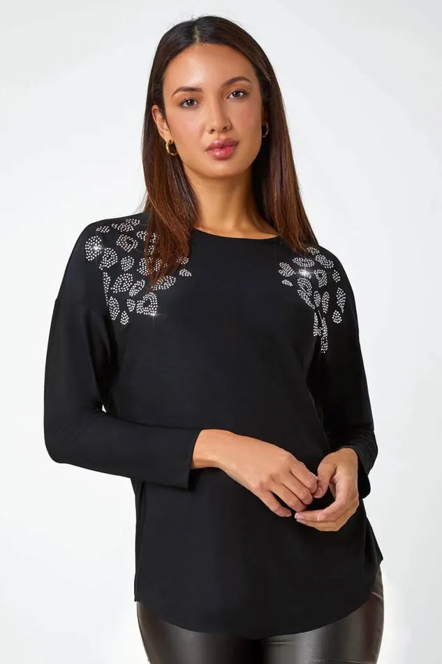 Black Animal Print Embellished Stretch Top Women Roman Tops