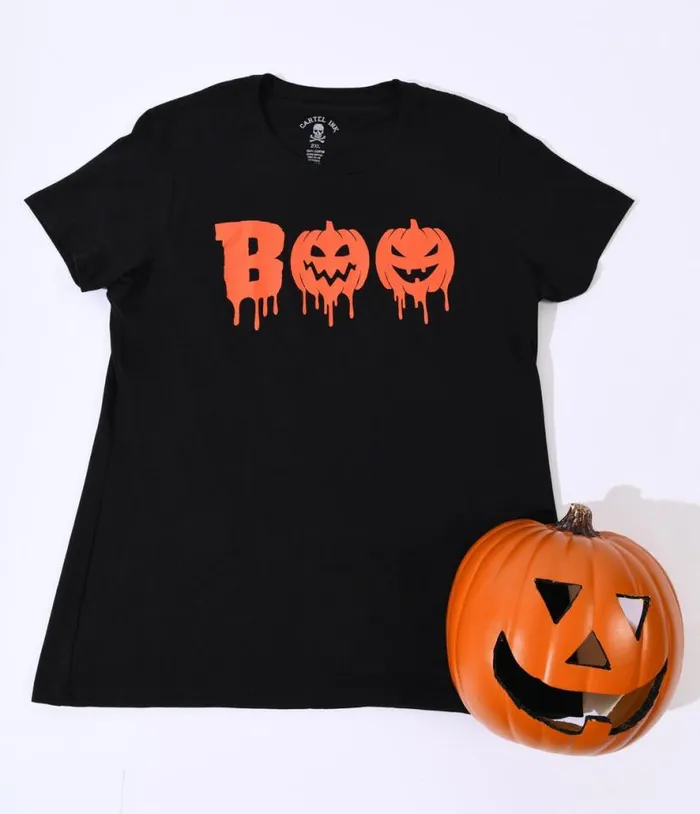 Black Boo Pumpkins Fitted Graphic Tee ClothingHalloween Unique Vintage Graphic Tees