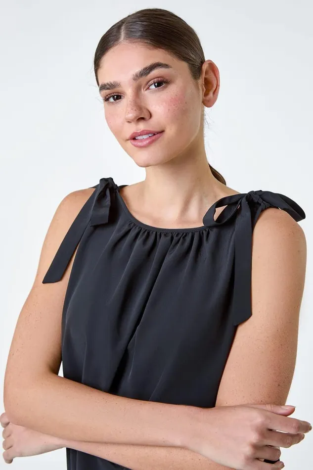 Black Bow Detail Shirred Hem Top Women Roman Tops