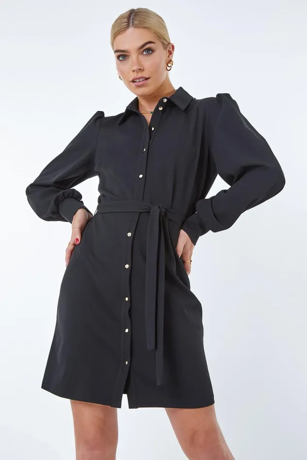Black Button Through Belted Shirt Dress Women Roman Dresses