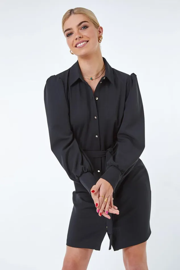 Black Button Through Belted Shirt Dress Women Roman Dresses
