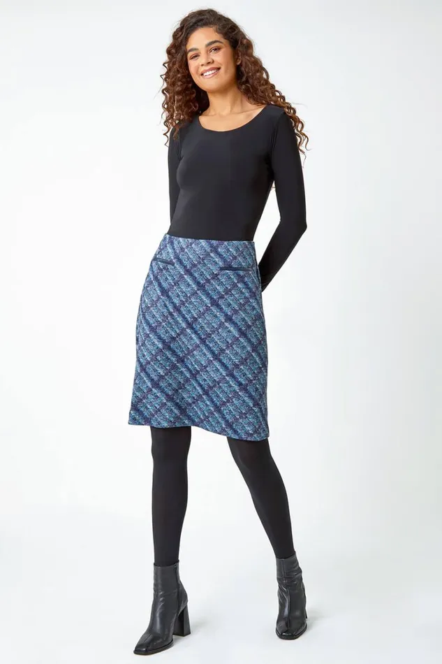 Black Check Print Elastic Waist Pencil Skirt Women Roman Skirts
