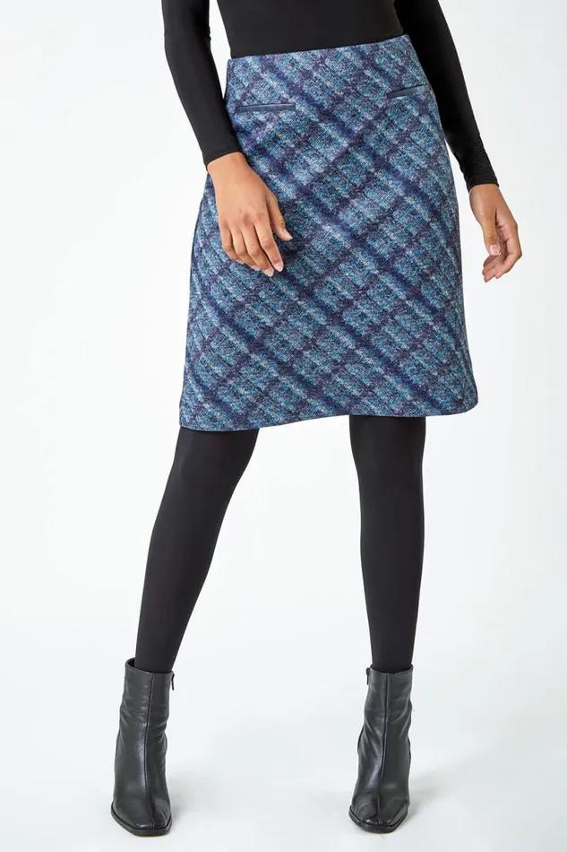 Black Check Print Elastic Waist Pencil Skirt Women Roman Skirts