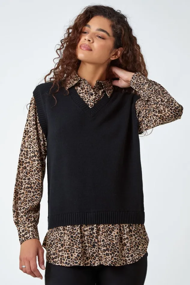 Black Contrast Animal Trim Shirt Longline Jumper Women Roman Tops