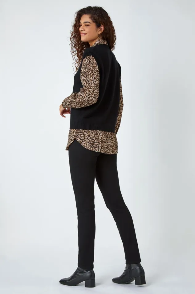 Black Contrast Animal Trim Shirt Longline Jumper Women Roman Tops
