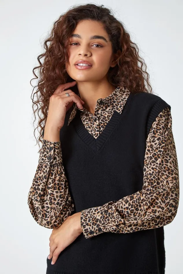 Black Contrast Animal Trim Shirt Longline Jumper Women Roman Tops