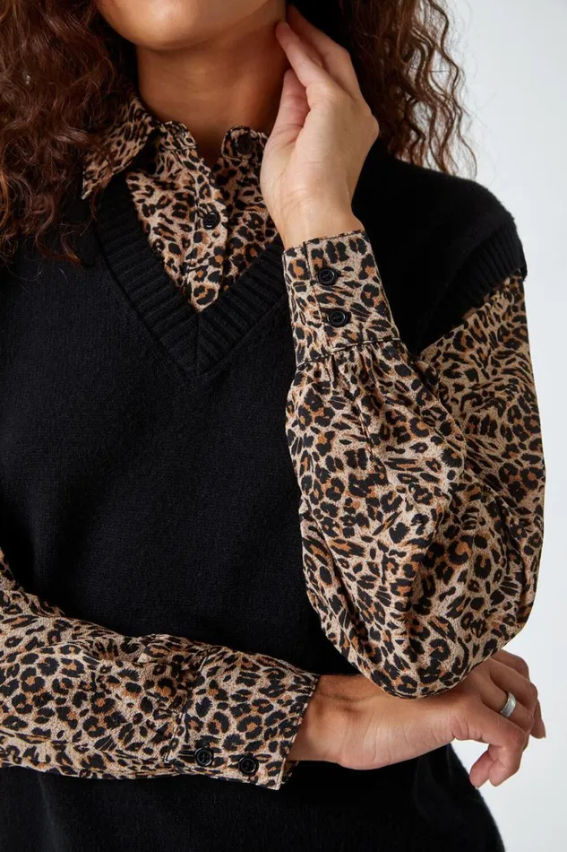 Black Contrast Animal Trim Shirt Longline Jumper Women Roman Tops