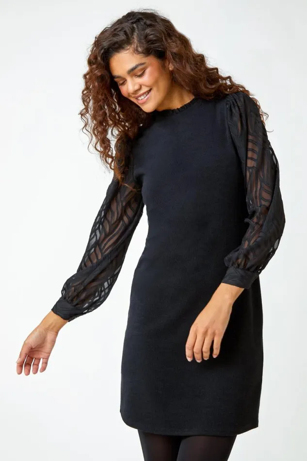 Black Contrast Chiffon Sleeve Stretch Dress Women Roman Dresses
