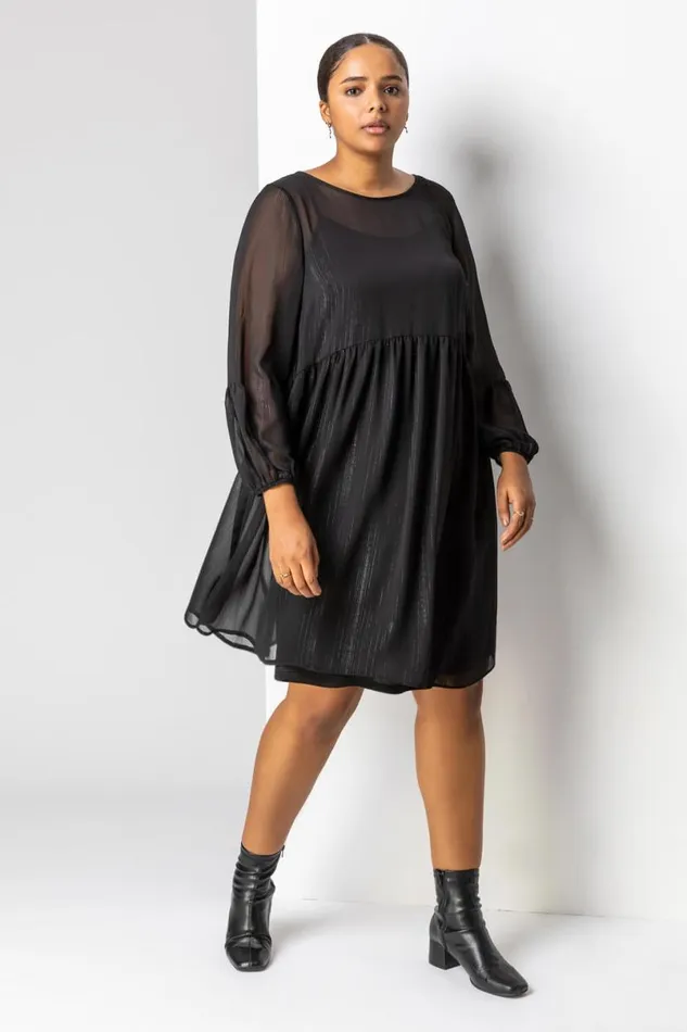 Black Curve Chiffon Shimmer Stripe Smock Dress Women Roman Dresses