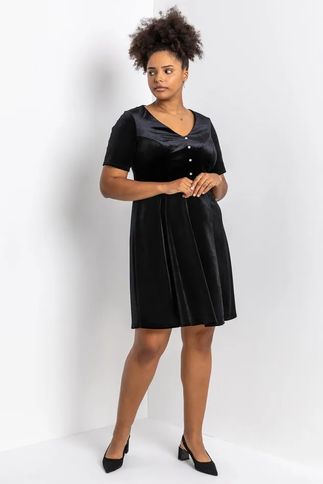 Black Curve Diamante Button Velvet Dress Women Roman Dresses