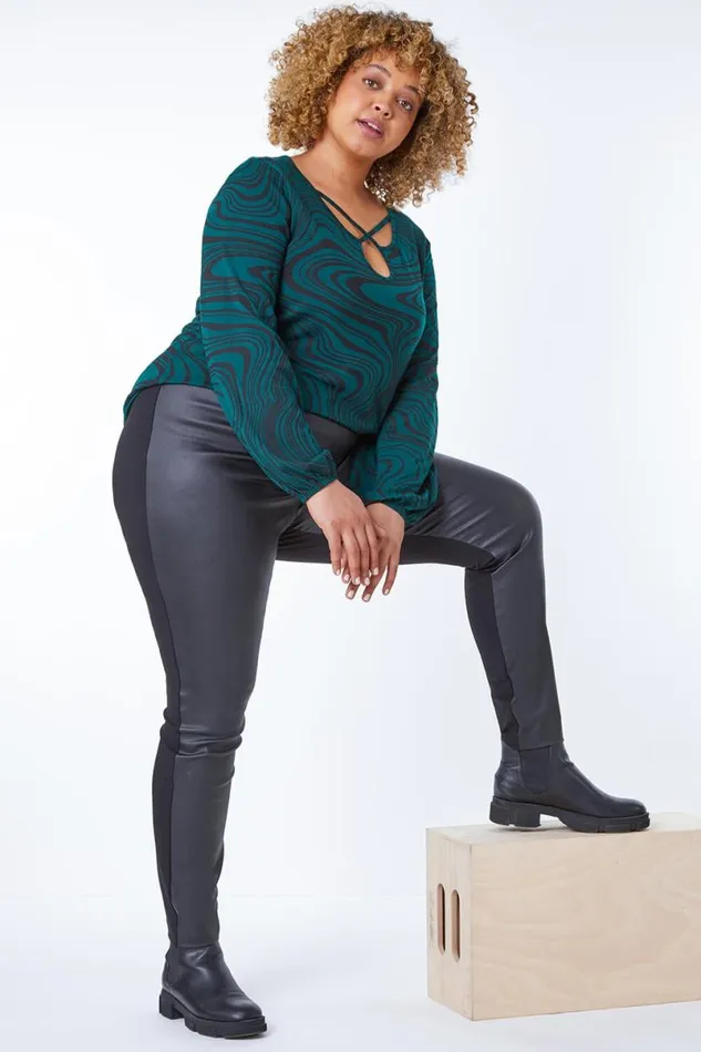 Black Curve Faux Leather Panel Leggings Women Roman Trousers