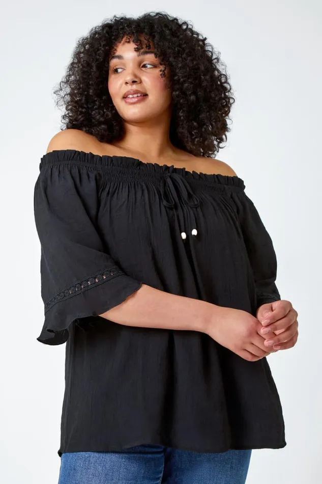 Black Curve Lace Trim Bardot Top Women Roman Tops