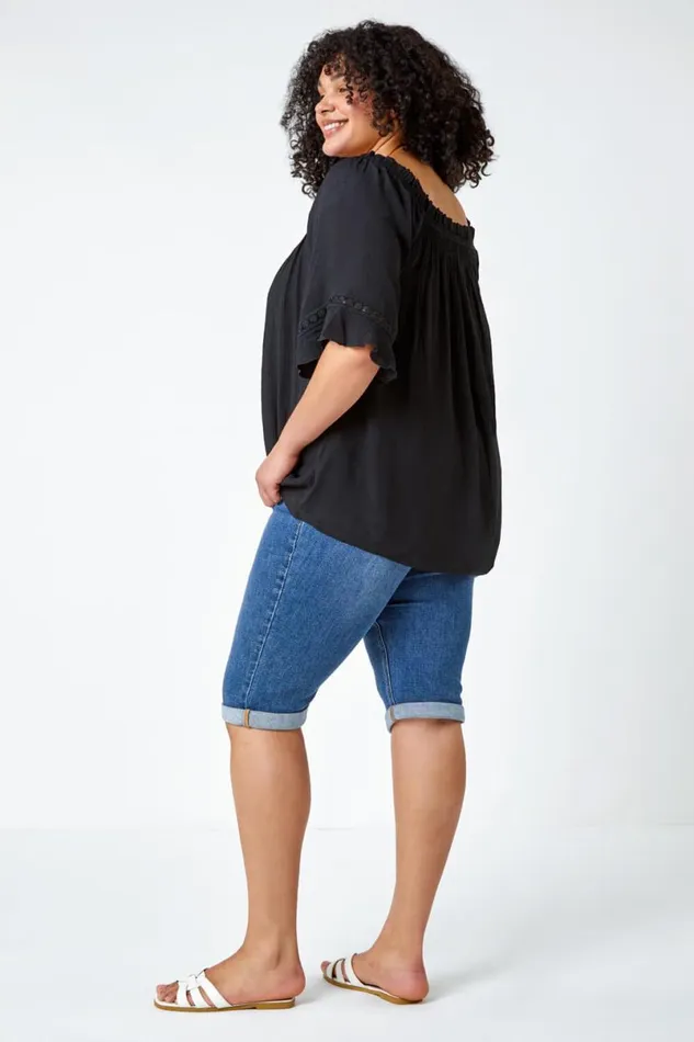 Black Curve Lace Trim Bardot Top Women Roman Tops