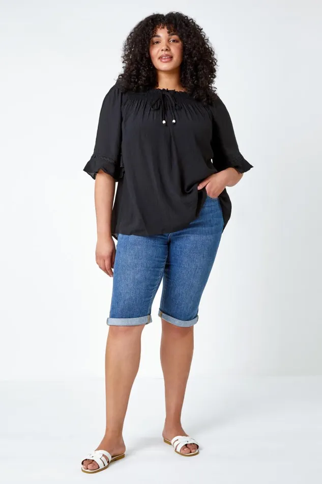 Black Curve Lace Trim Bardot Top Women Roman Tops