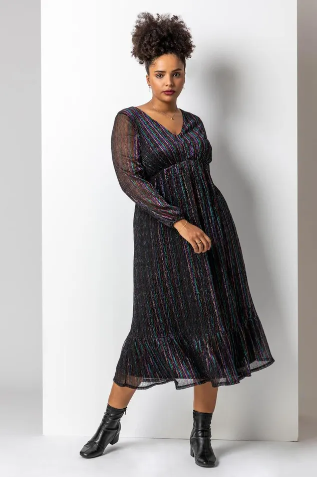 Black Curve Metallic Plisse Frill Hem Dress Women Roman Dresses