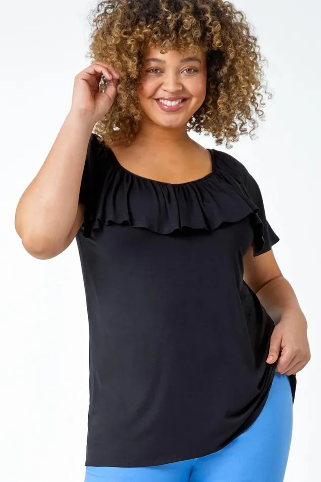 Black Curve Plain Bardot Stretch Top Women Roman Tops