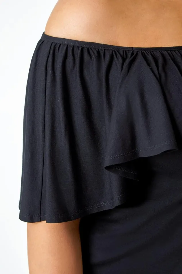 Black Curve Plain Bardot Stretch Top Women Roman Tops