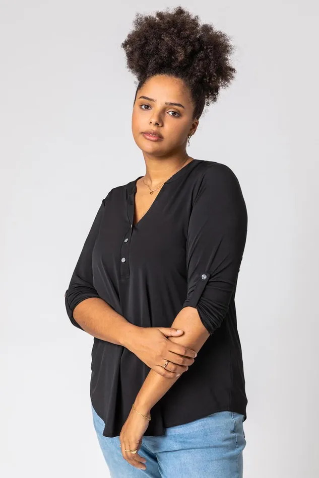Black Curve Plain Button Detail Top Women Roman Tops