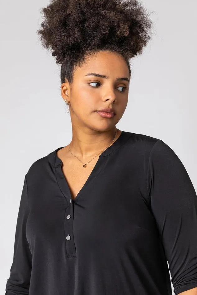 Black Curve Plain Button Detail Top Women Roman Tops