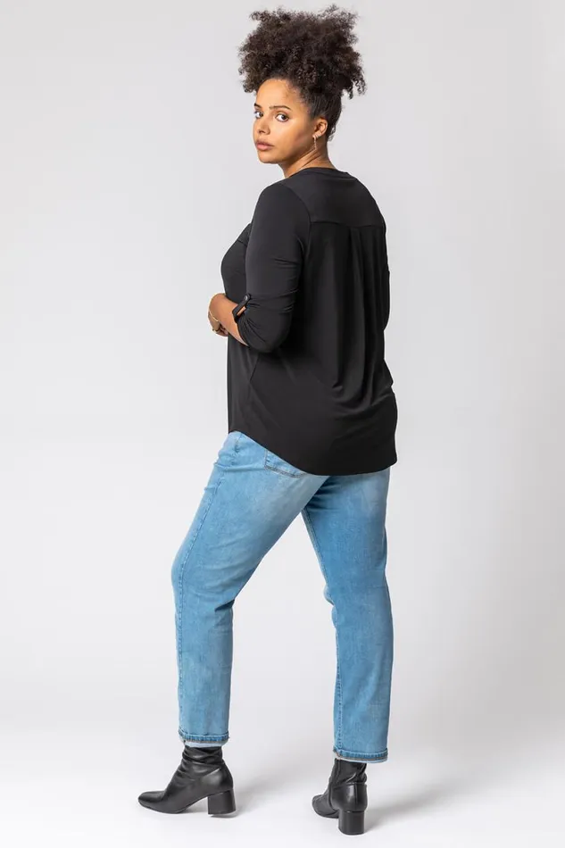 Black Curve Plain Button Detail Top Women Roman Tops