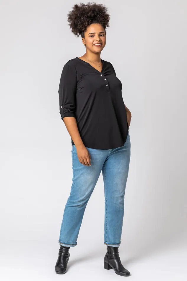 Black Curve Plain Button Detail Top Women Roman Tops