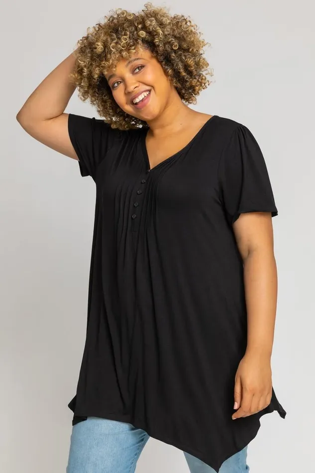 Black Curve Plain Hanky Hem Top Women Roman Tops