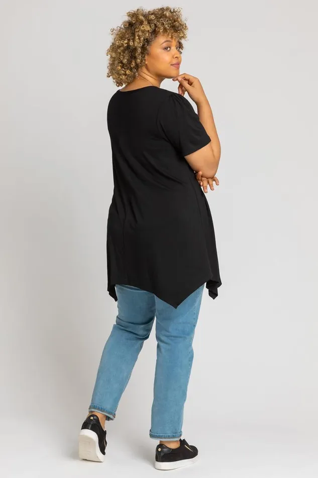 Black Curve Plain Hanky Hem Top Women Roman Tops