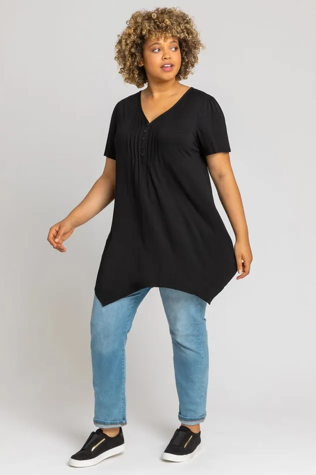 Black Curve Plain Hanky Hem Top Women Roman Tops