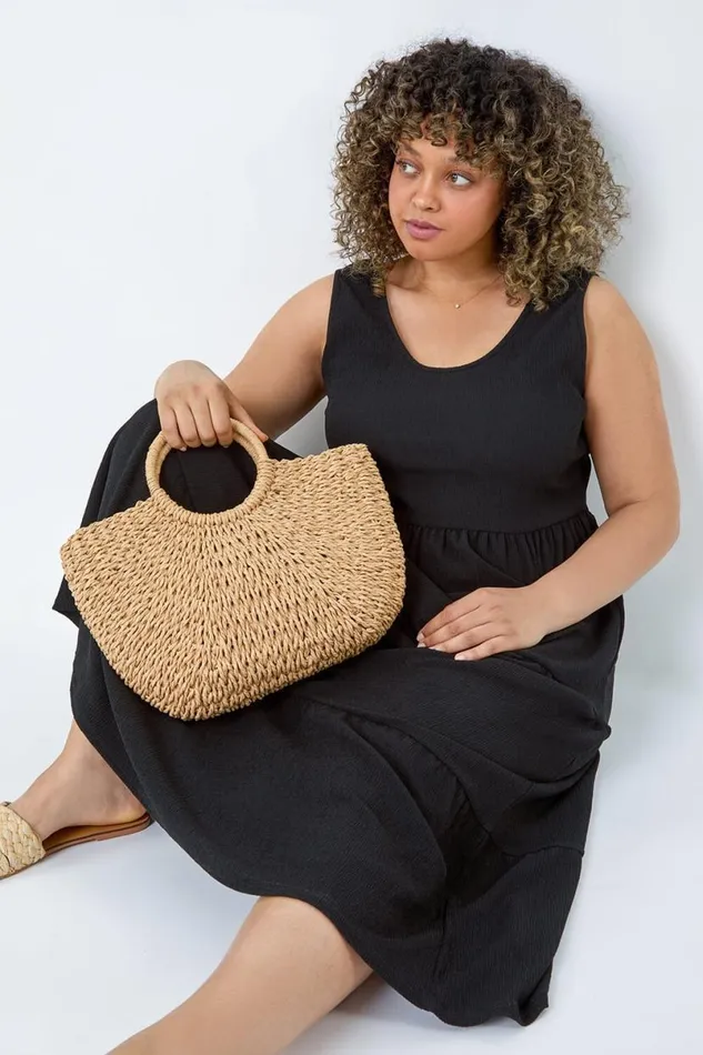 Black Curve Plain Textured Tiered Midi Dress Women Roman Dresses