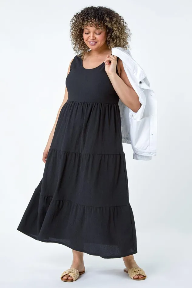 Black Curve Plain Textured Tiered Midi Dress Women Roman Dresses