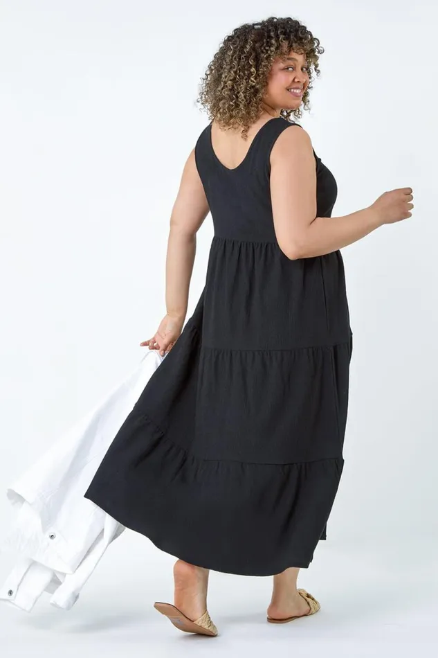 Black Curve Plain Textured Tiered Midi Dress Women Roman Dresses