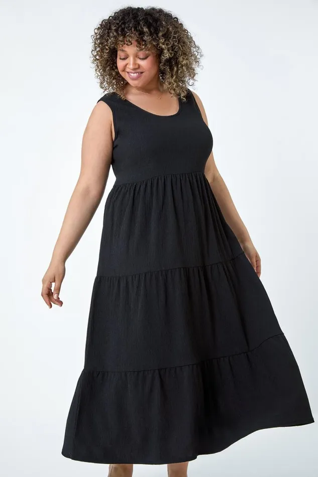 Black Curve Plain Textured Tiered Midi Dress Women Roman Dresses