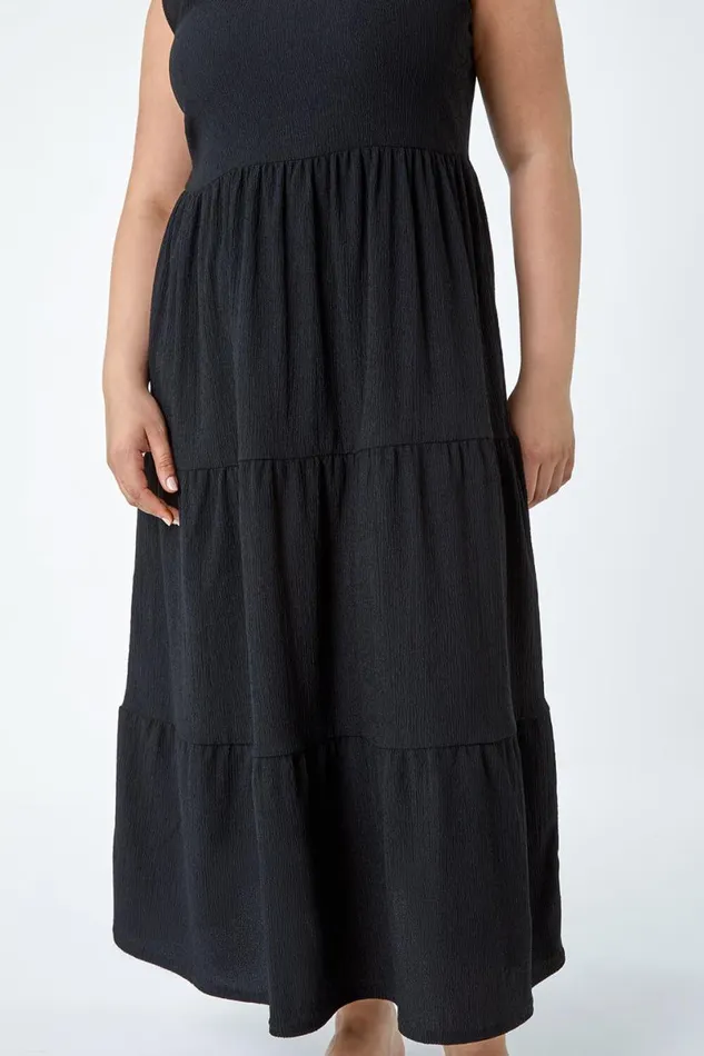 Black Curve Plain Textured Tiered Midi Dress Women Roman Dresses