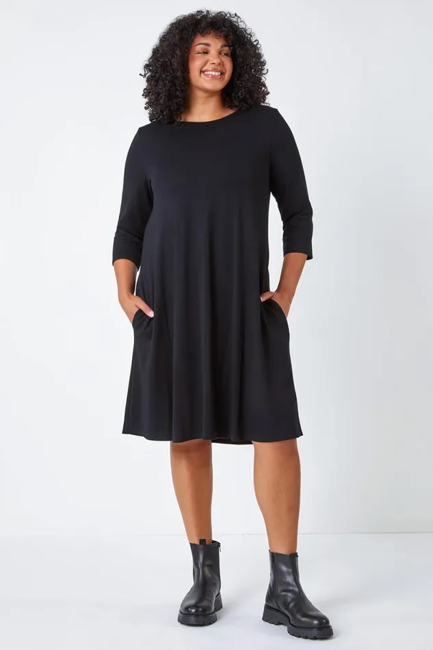 Black Curve Pocket Detail Swing Stretch Dress Women Roman Dresses