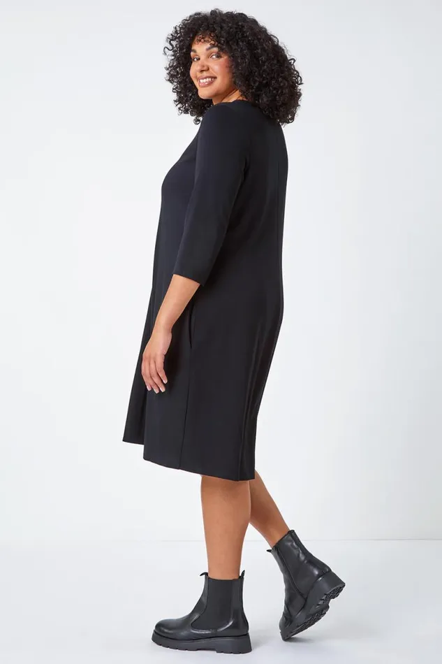 Black Curve Pocket Detail Swing Stretch Dress Women Roman Dresses