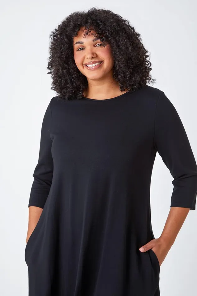 Black Curve Pocket Detail Swing Stretch Dress Women Roman Dresses