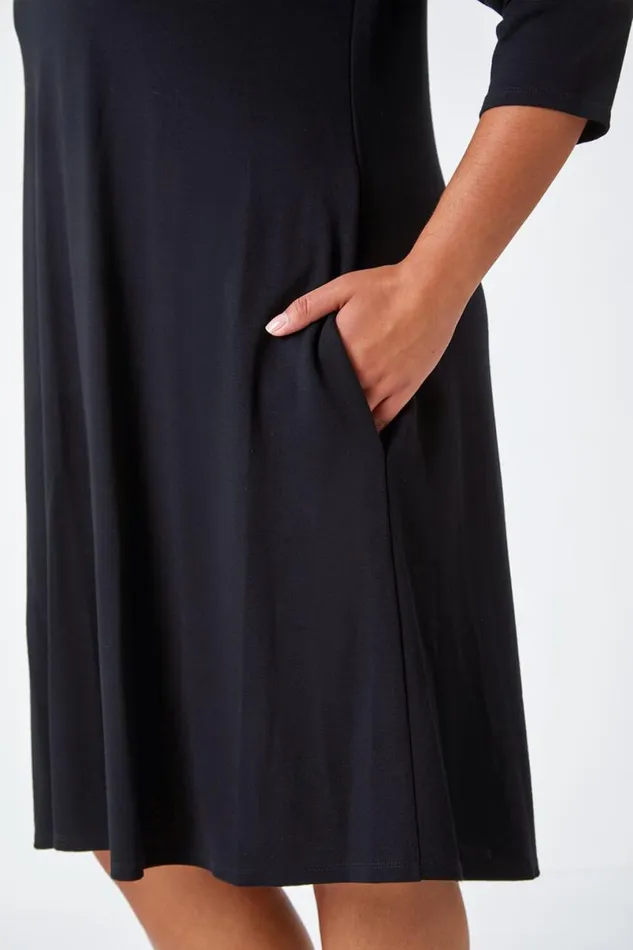 Black Curve Pocket Detail Swing Stretch Dress Women Roman Dresses