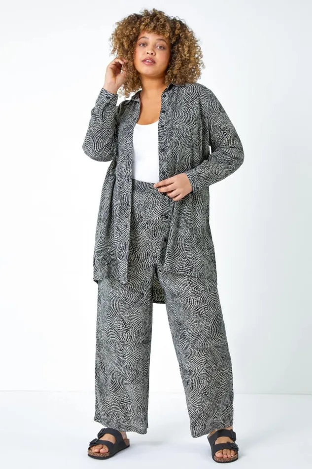 Black Curve Spot Print Crinkle Wide Leg Trousers Women Roman Trousers