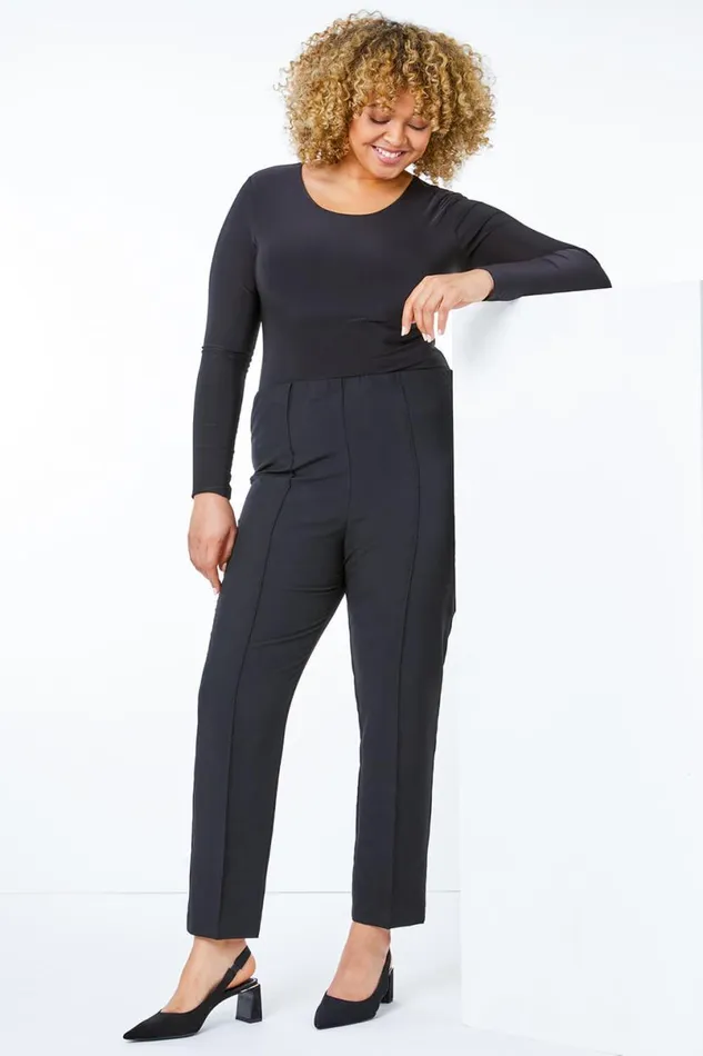 Black Curve Stitch Detail Stretch Trouser Women Roman Trousers