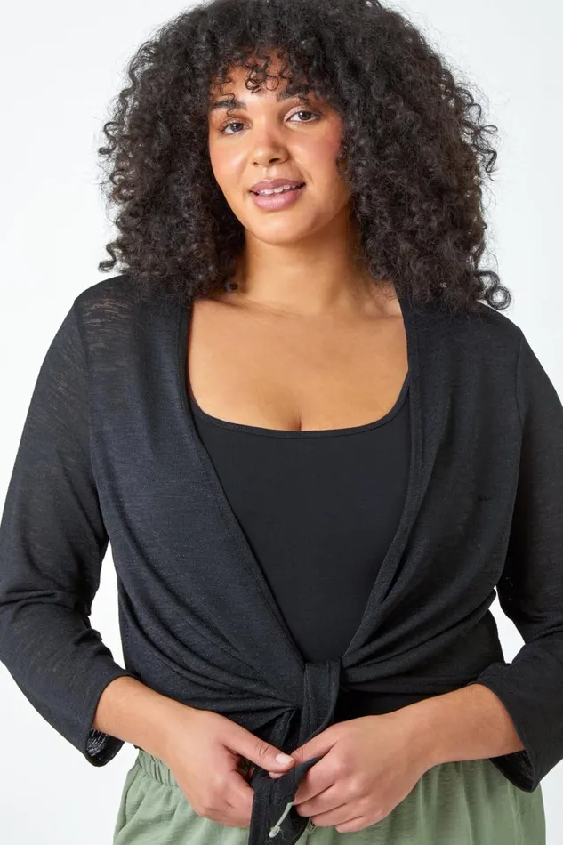Black Curve Tie Front Stretch Cropped Cardigan Women Roman Knitwear