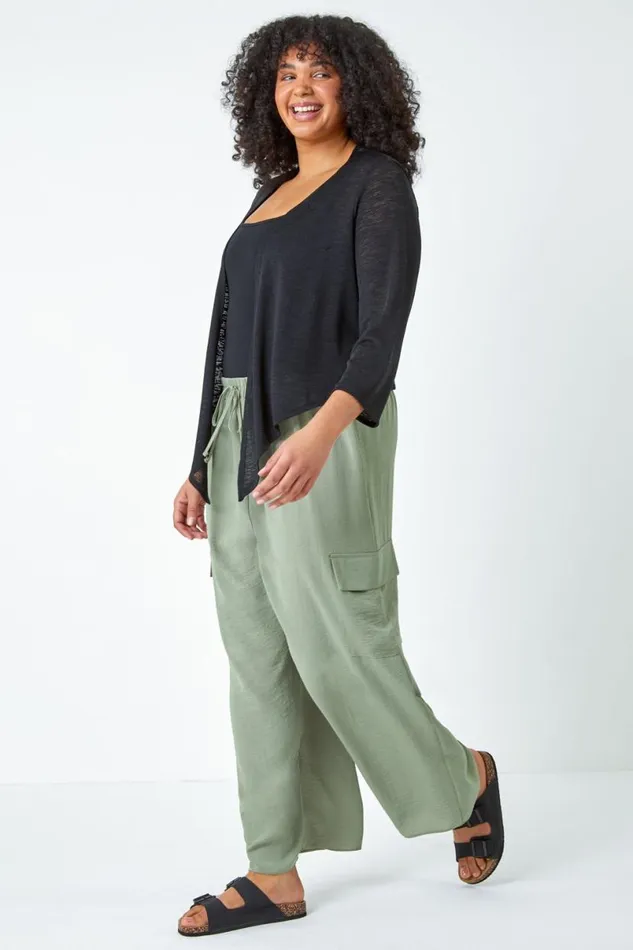 Black Curve Tie Front Stretch Cropped Cardigan Women Roman Knitwear