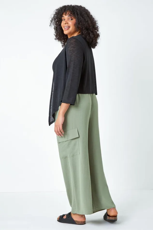 Black Curve Tie Front Stretch Cropped Cardigan Women Roman Knitwear