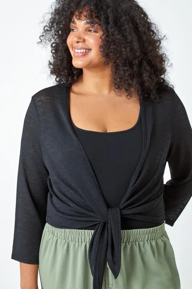Black Curve Tie Front Stretch Cropped Cardigan Women Roman Knitwear