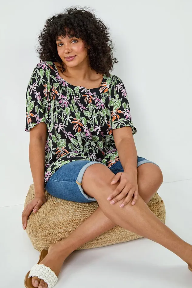 Black Curve Tropical Print Square Neck Top Women Roman Tops