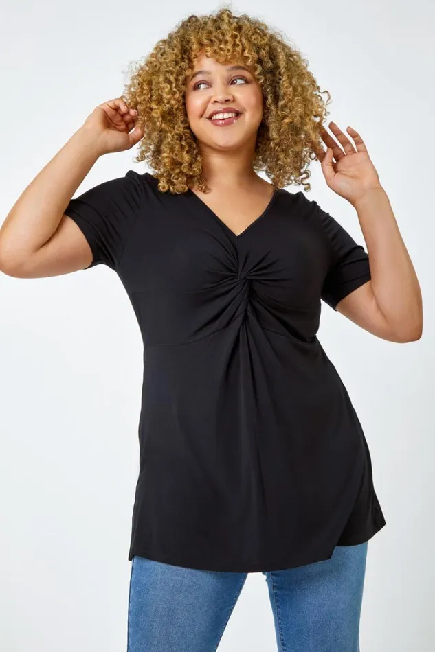 Black Curve Twist Front VNeck Stretch Top Women Roman Tops