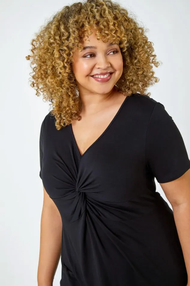 Black Curve Twist Front VNeck Stretch Top Women Roman Tops