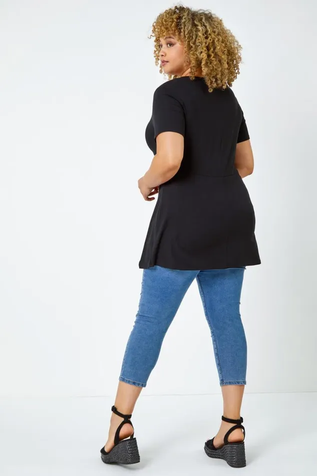 Black Curve Twist Front VNeck Stretch Top Women Roman Tops