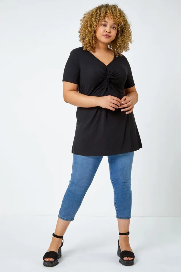 Black Curve Twist Front VNeck Stretch Top Women Roman Tops