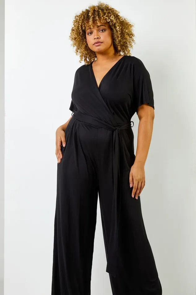 Black Curve Wrap Detail Jumpsuit Women Roman Dresses