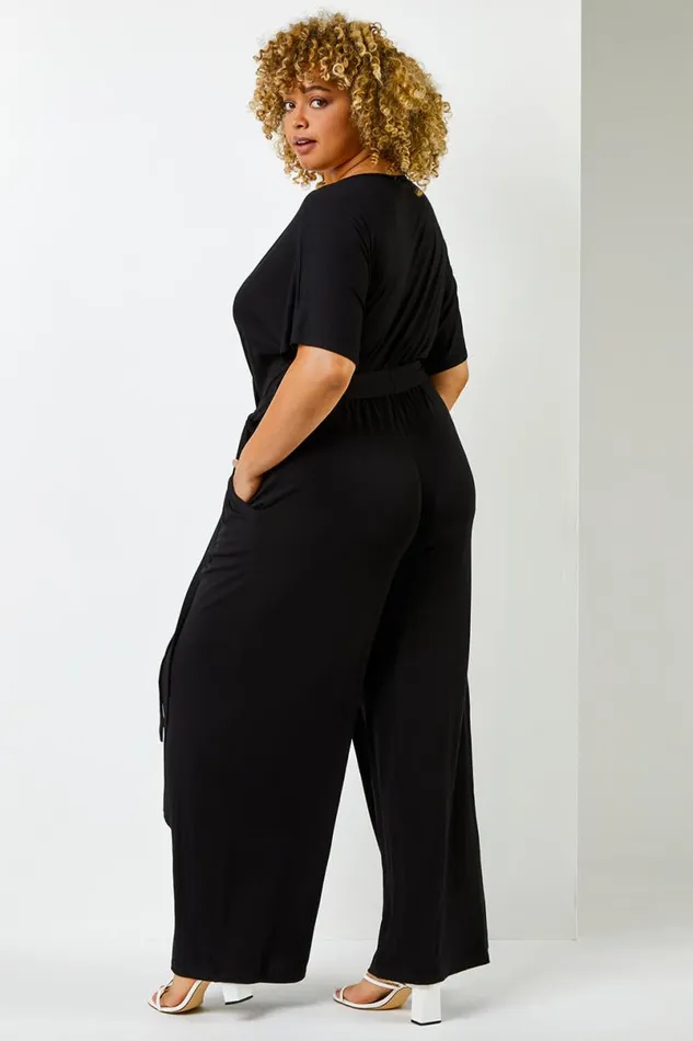 Black Curve Wrap Detail Jumpsuit Women Roman Dresses